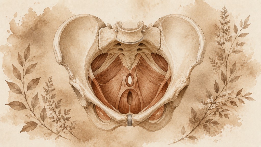 Anatomische Illustration des Beckenbodens: Beckenknochen und Muskulatur von oben